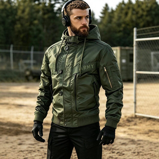 Herren Militärinspirierte Kapuzen-Bomberjacke mit Utility-Taschen Nord Taschen