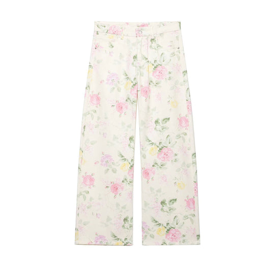 Damen Hochtaillierte weite Jeanshose mit floralem Alloverprint Nord Taschen