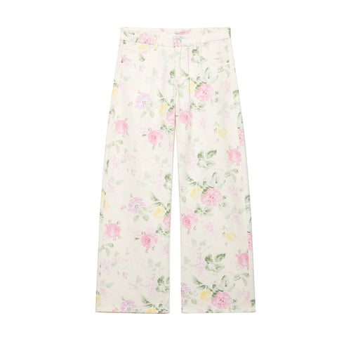 Damen Hochtaillierte weite Jeanshose mit floralem Alloverprint Nord Taschen