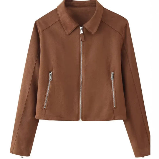 Damen Cropped Jacke aus Velourslederoptik mit Hemdkragen und zwei Reißverschlusstaschen Nord Taschen