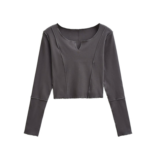 Damen Kurzes Langarmshirt mit sichtbaren Rollnähten und Notch-Ausschnitt Nord Taschen