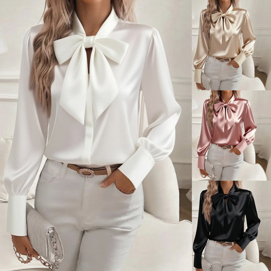 Damen elegante Satinbluse mit Schleifenkragen und Puffärmeln Nord Taschen