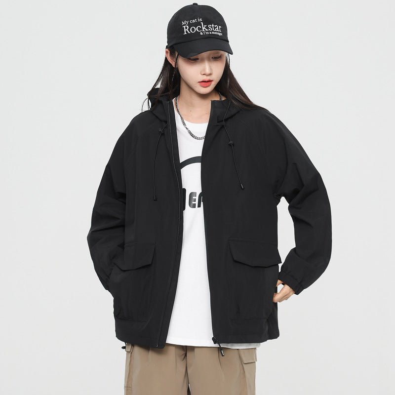 Damen Oversize Windbreaker Jacke mit Kapuze und Cargotaschen Nord Taschen