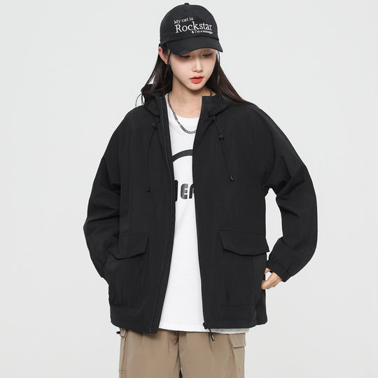 Damen Oversize Windbreaker Jacke mit Kapuze und Cargotaschen Nord Taschen
