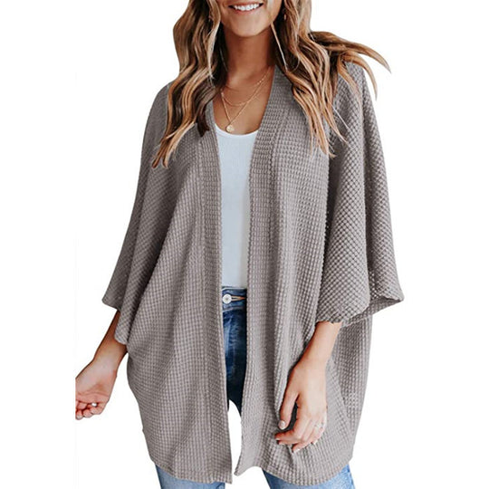 Damen Waffelstrick Offener Kimono-Cardigan mit Fledermausärmeln Nord Taschen