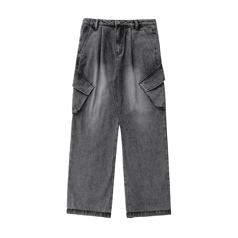 Unisex Hochtaillierte Relaxed-Denim‑Cargohose mit weitem Palazzoschnitt und asymmetrischen Klappentaschen Nord Taschen