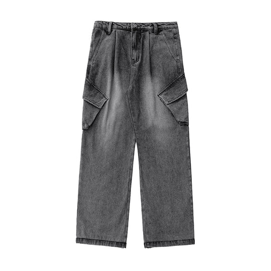 Unisex Hochtaillierte Relaxed-Denim‑Cargohose mit weitem Palazzoschnitt und asymmetrischen Klappentaschen Nord Taschen