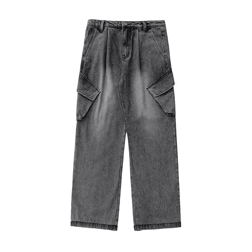 Unisex Hochtaillierte Relaxed-Denim‑Cargohose mit weitem Palazzoschnitt und asymmetrischen Klappentaschen Nord Taschen