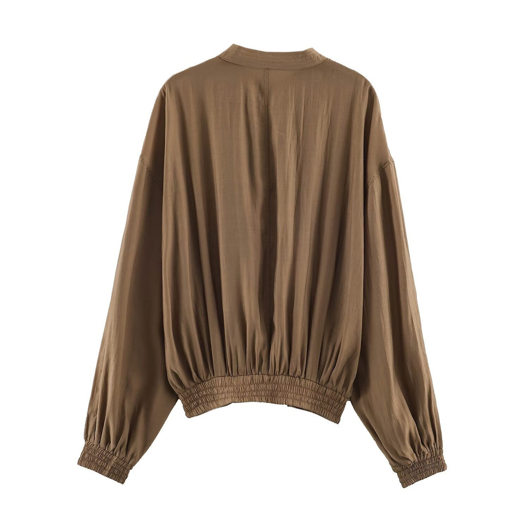 Damen Leichte plissierte Blousonjacke mit Stehkragen und Smokbund Nord Taschen