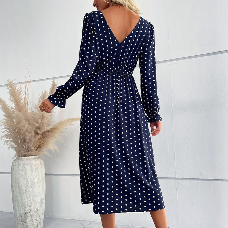 Damen Gepunktetes Midikleid mit geraffter Taille und Ballonärmeln Nord Taschen