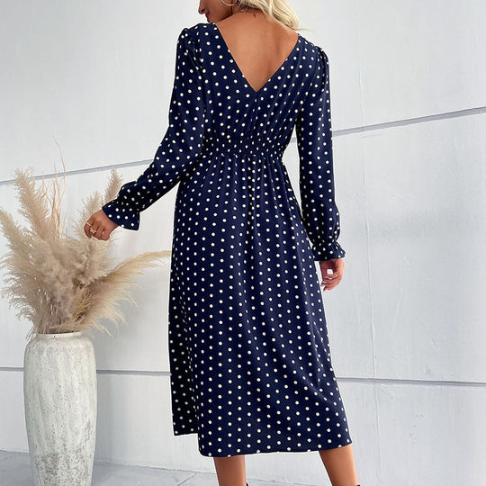 Damen Gepunktetes Midikleid mit geraffter Taille und Ballonärmeln Nord Taschen