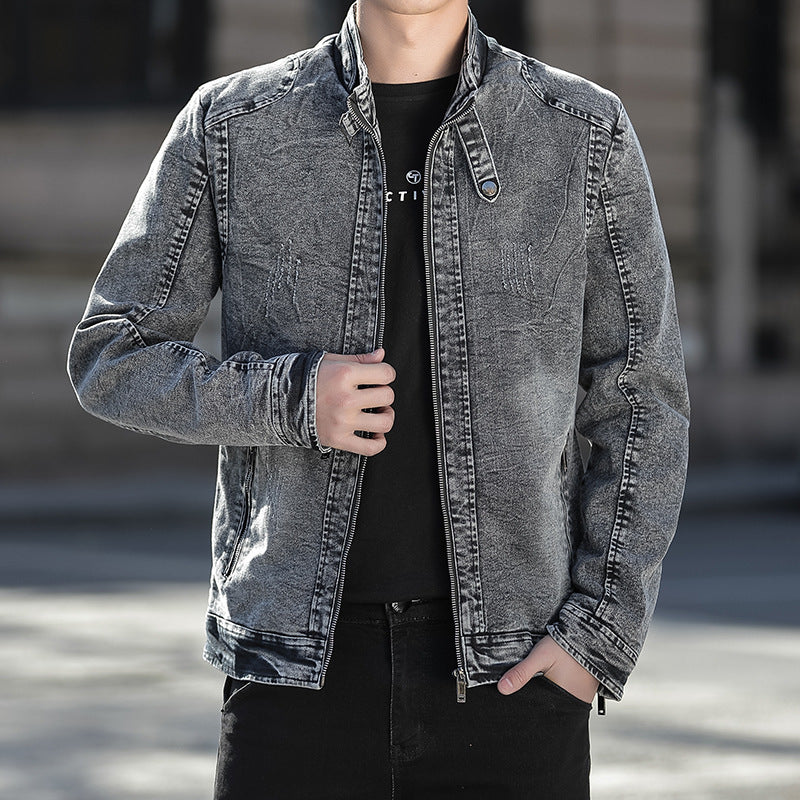 Herren Slim-Fit gewaschene Denim-Jacke mit Stehkragen und Reißverschluss Nord Taschen