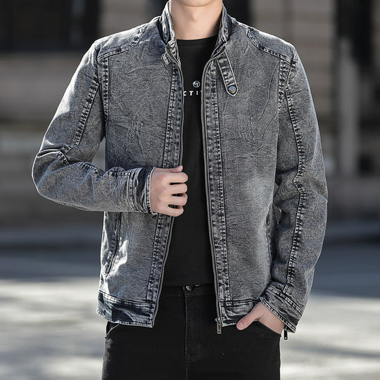 Herren Slim-Fit gewaschene Denim-Jacke mit Stehkragen und Reißverschluss Nord Taschen