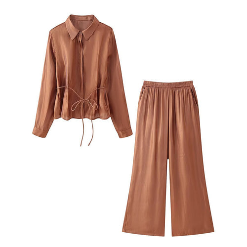 Damen Zweiteiliges Satin-Loungewear-Set mit Hemdbluse und weitem Elastikbund-Hose Nord Taschen