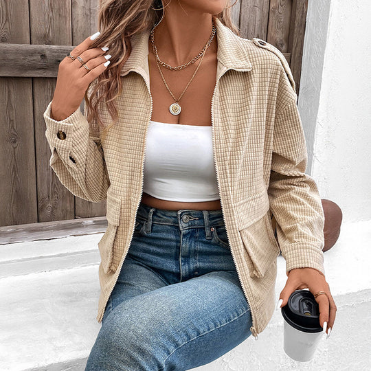 Damen Leichte Waffel-Struktur Zip-Jacke mit Hemdkragen, Schulterpatten & Pattentaschen Nord Taschen