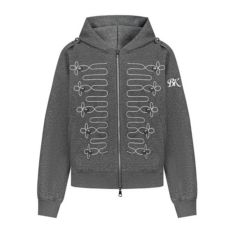 Damen Kapuzen‑Sweatjacke mit dekorischer Frogging‑Stickerei und Perlenknöpfen Nord Taschen