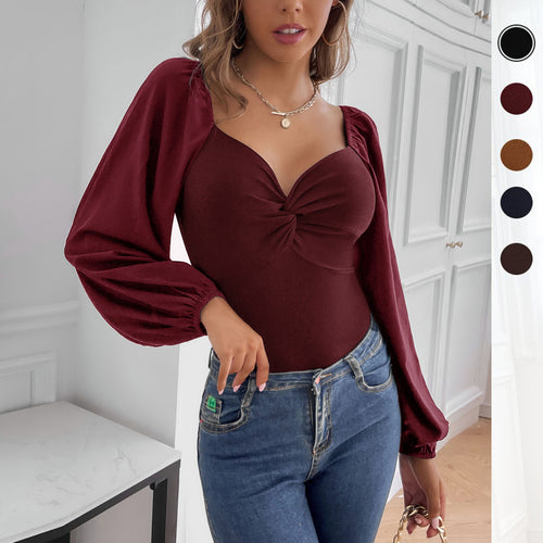 Damen Taillierter Body mit Herz-Ausschnitt, Knotenfront und Ballonärmeln Nord Taschen