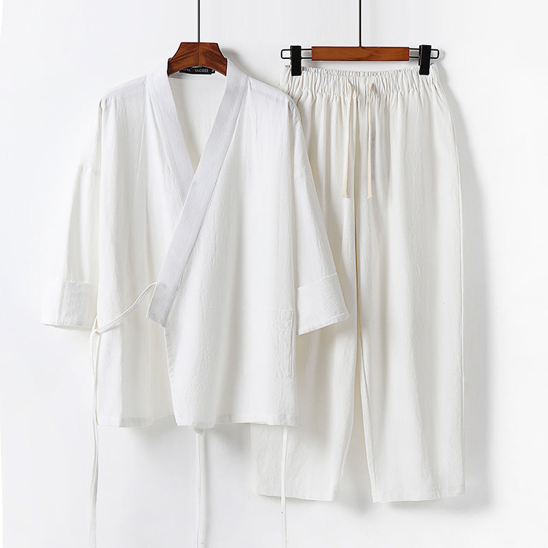 Unisex Leichtes Kimono-Lounge-Set aus weichfallendem Baumwoll-Mix mit Tunnelzughose Nord Taschen