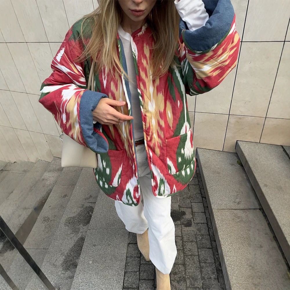 Damen Stepp-Kimonojacke mit Ikat-Print, Oversize‑Schnitt und kontrastierenden Bündchen Nord Taschen