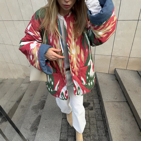 Damen Stepp-Kimonojacke mit Ikat-Print, Oversize‑Schnitt und kontrastierenden Bündchen Nord Taschen