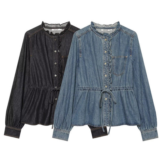 Damen Jeansbluse mit Volantknopfleiste, Tunnelzug‑Taillierung und Rüschkragen Nord Taschen