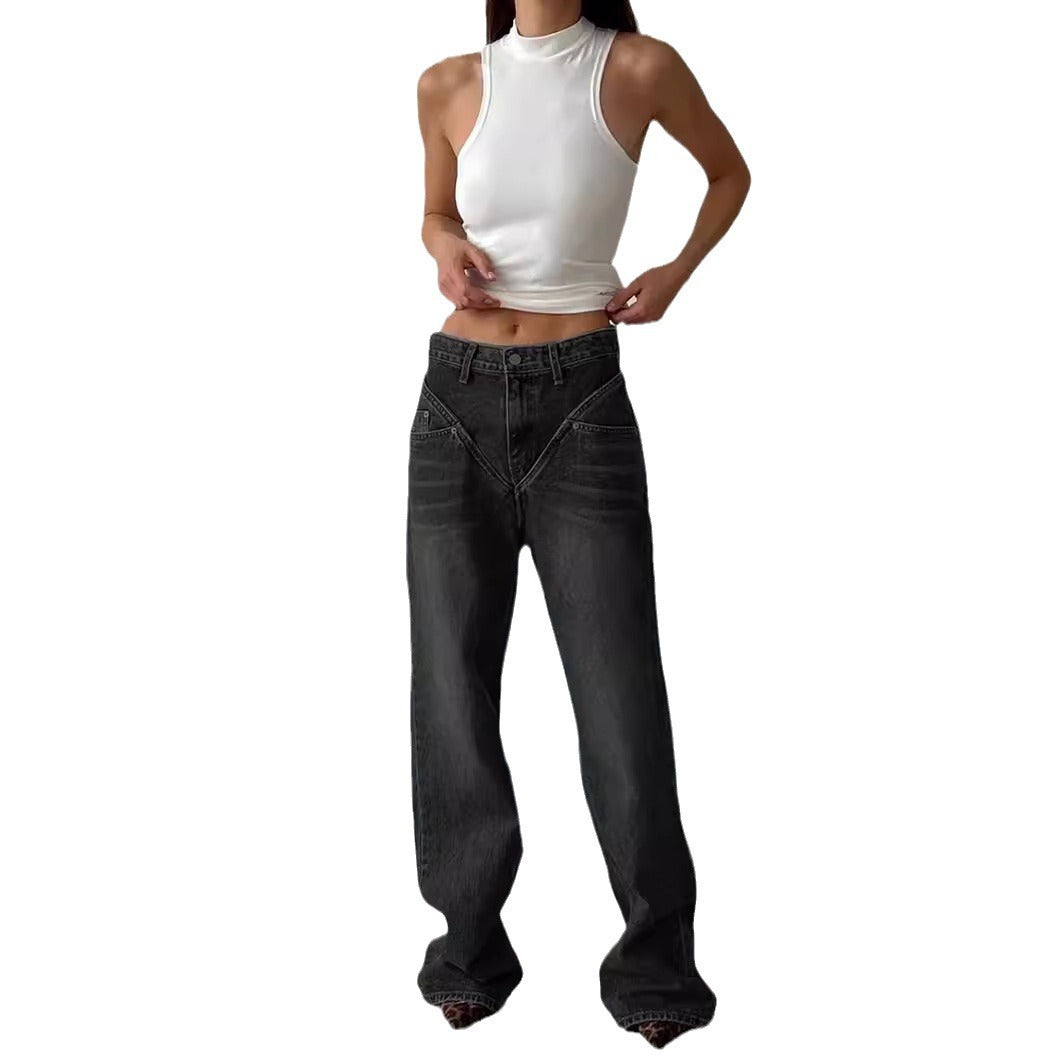 Damen hochgeschnittene weite Denim-Hose mit V-förmiger Bundnaht und extra-langem Bein Nord Taschen
