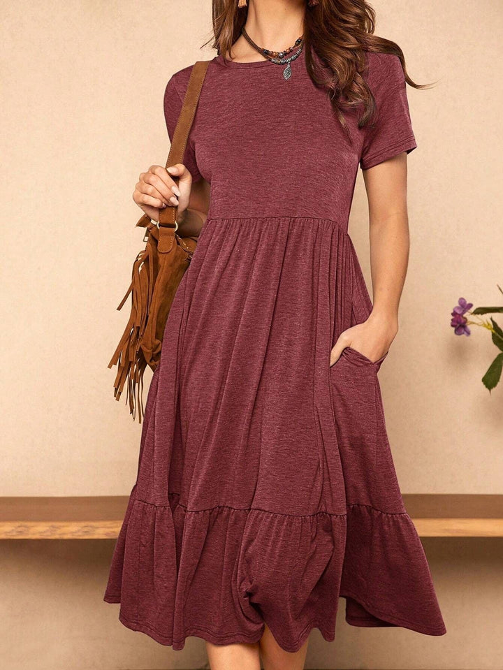 Damen lässiges Midikleid mit Taschen und voluminösen Rüschendetails