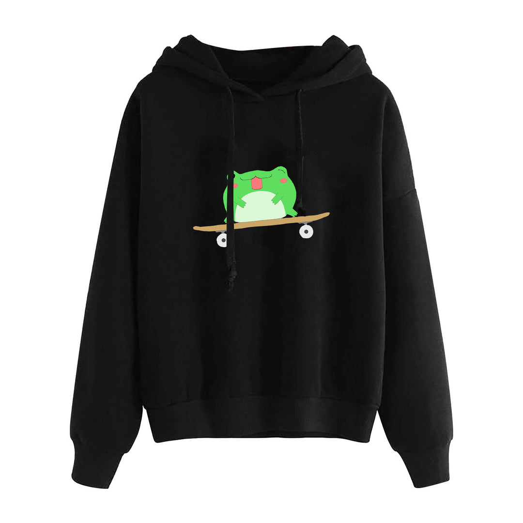 Damen nan kurz geschnittener Cropped-Kapuzenpullover mit niedlicher Frosch-Illustration und verstellbarer Kapuze Nord Taschen