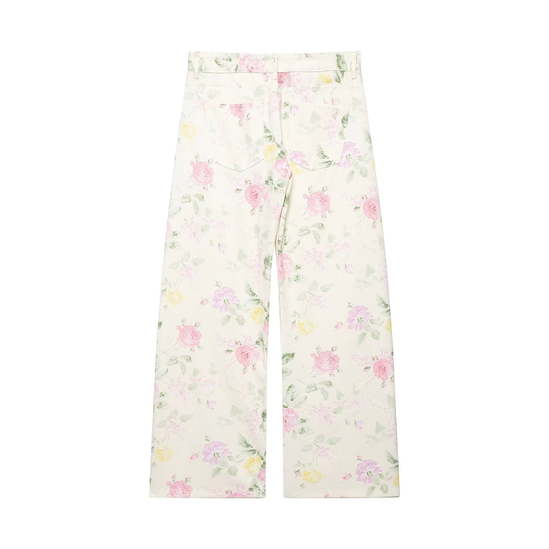 Damen Hochtaillierte weite Jeanshose mit floralem Alloverprint Nord Taschen
