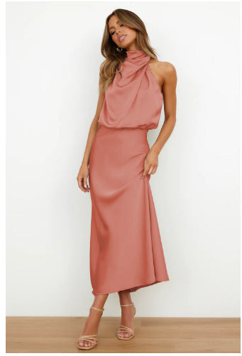 Damen Fließendes Maxikleid mit elegantem Stehkragen und Drapierung