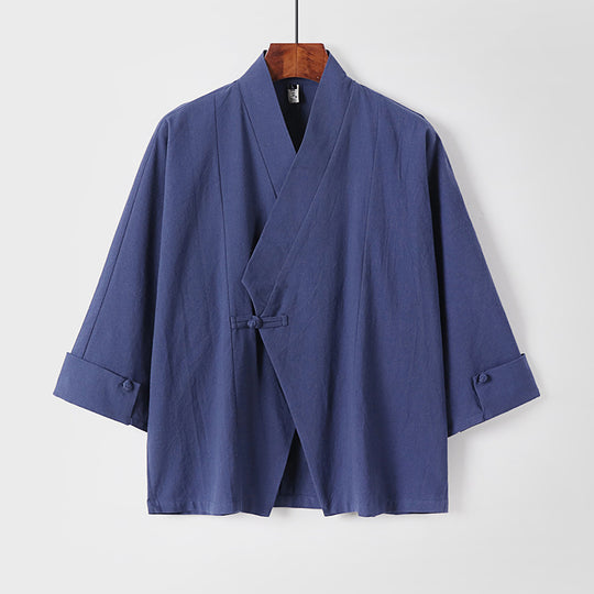 Herren Leinen-Kimono-Jacke mit traditionellem Knotenverschluss und mittel-langen Ärmeln Nord Taschen
