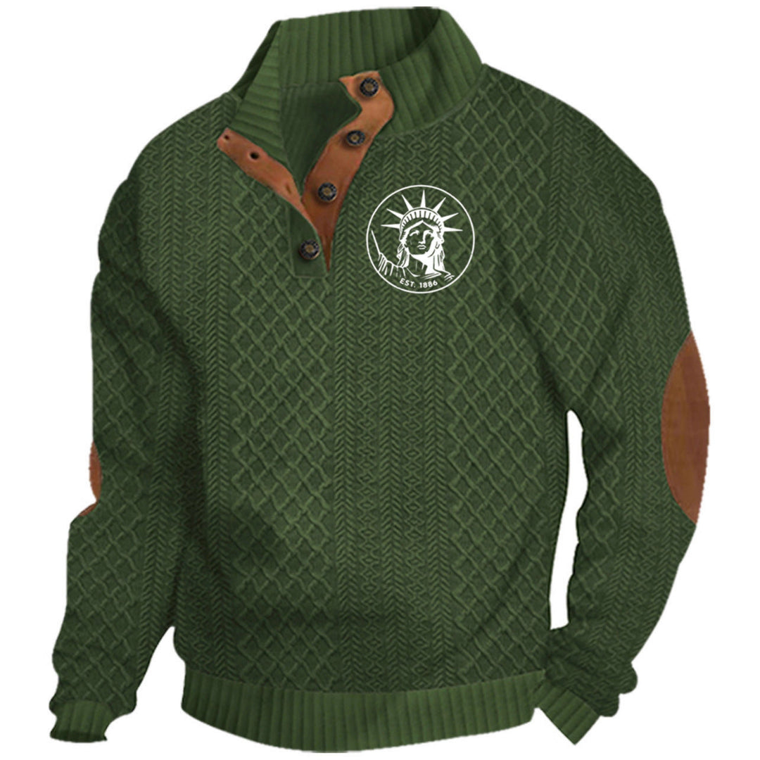 Herren nan Heritage-Strukturpullover mit Stehkragen Lederimitat-Besatz Ellenbogen-Patches und Halbknopfleiste