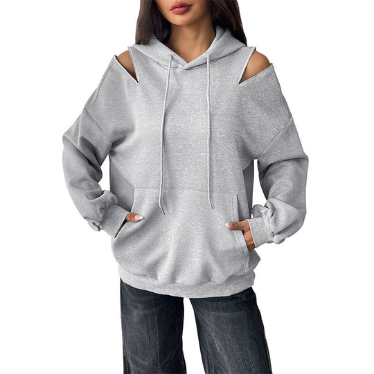 Damen Lässiger Kapuzenpullover mit Schulteröffnungen, Kängurutasche und gerippten Bündchen Nord Taschen