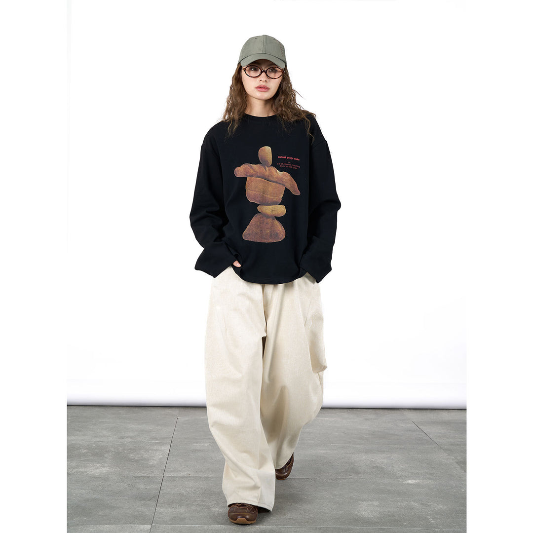 Damen Oversized Langarmshirt mit künstlerischem Steinskulptur-Print Nord Taschen
