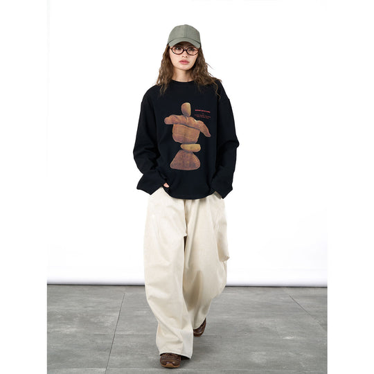 Damen Oversized Langarmshirt mit künstlerischem Steinskulptur-Print Nord Taschen