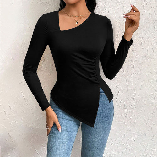 Damen asymmetrisches Langarm-Shirt mit diagonalem Cut-Out, taillierter Seitenraffung und spitz zulaufendem Zipfel-Saum Nord Taschen