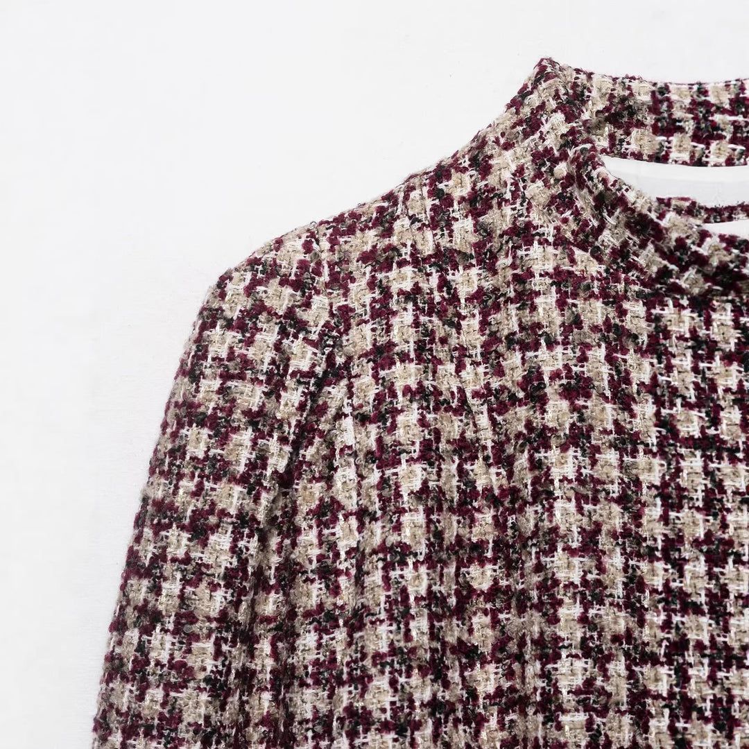 Damen Kurz geschnittene Bouclé‑Tweedjacke mit Stehkragen und Kunstfellmanschetten Nord Taschen