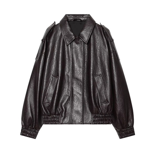 Damen Oversized Kunstleder-Bomberjacke mit Schulterklappen und gerafftem Saum Nord Taschen