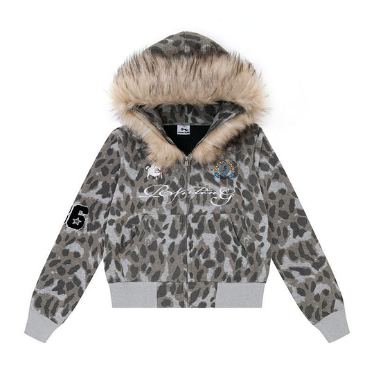 Damen Kapuzen-Sweatjacke mit Kunstfellbesatz, Leo-Allover und Reißverschluss Nord Taschen