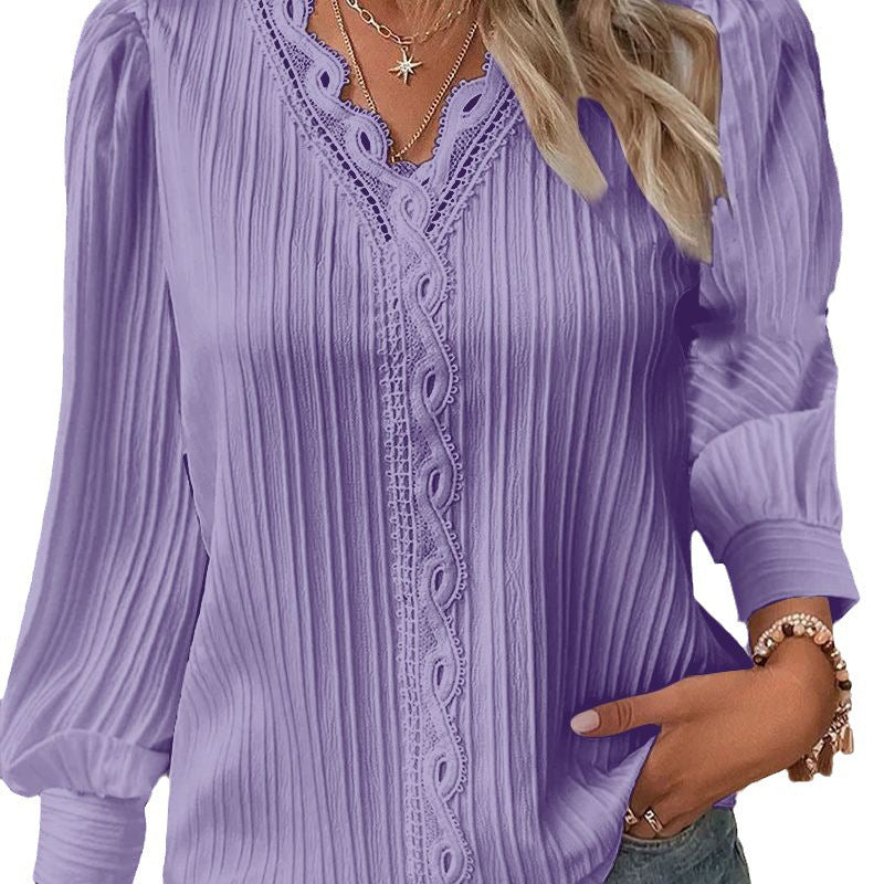 Damen Plissierte V‑Ausschnitt Bluse mit Spitzenbesatz und Ballonärmeln Nord Taschen