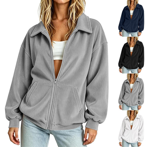 Damen Gerippte Zip-Jacke mit Hemdkragen und Kängurutasche Nord Taschen