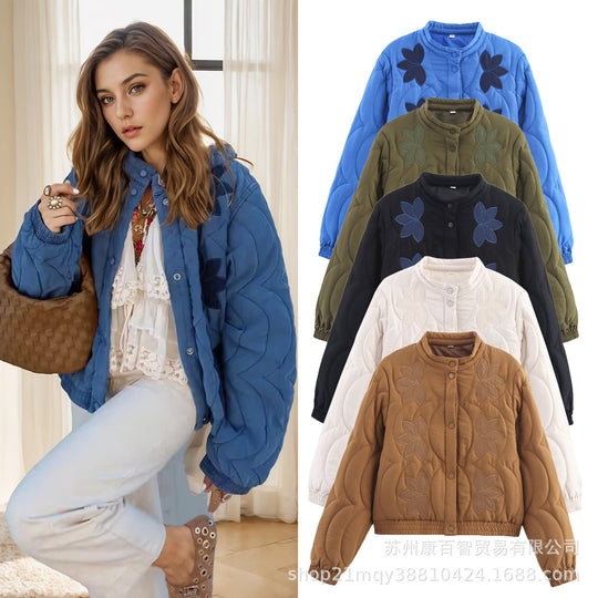Damen Kurz geschnittene Steppjacke mit floralen Applikationen und elastischem Saum Nord Taschen