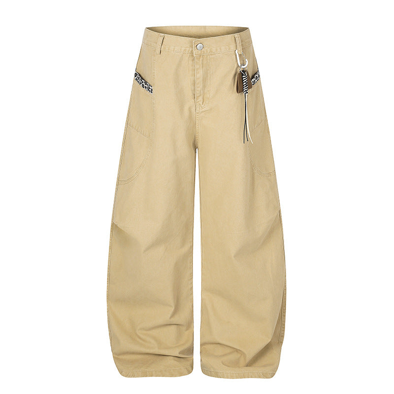 Damen Extraweite Palazzohose mit hoher Taille, Cargo‑Taschen und dekorativem Schlüsselanhänger Nord Taschen