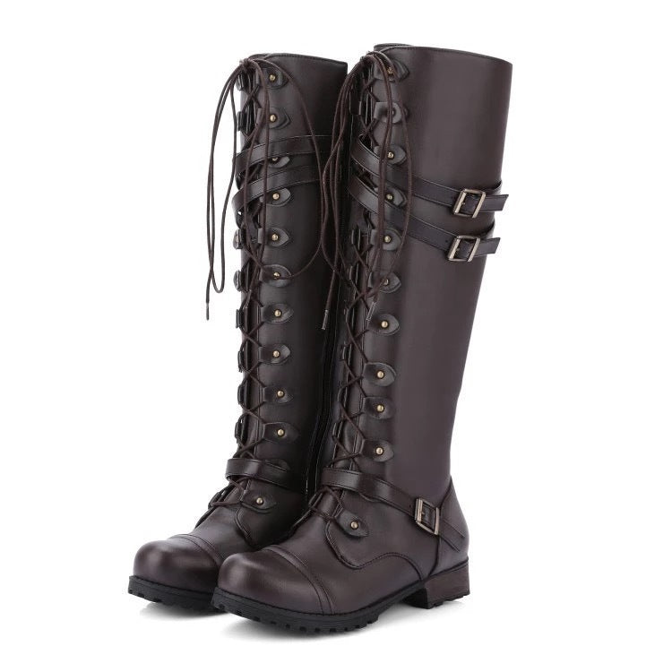 Damen Kniehohe Schnürstiefel im Vintage-Militärstil mit Doppelschnallen und robuster Profilsohle Nord Taschen