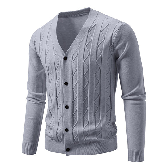 Herren V-Ausschnitt Strickjacke mit dezenter Zopfmusterstruktur und durchgehender Knopfleiste Nord Taschen
