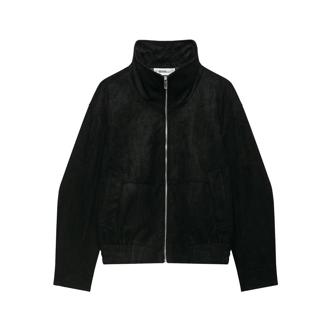 Damen Velourslederoptik Bomberjacke mit Funnelkragen und elastischem Saum Nord Taschen