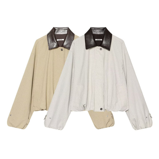 Damen Cropped Blousonjacke im Boxy‑Schnitt mit feinem Karomuster und Kontrast-Kunstlederkragen Nord Taschen