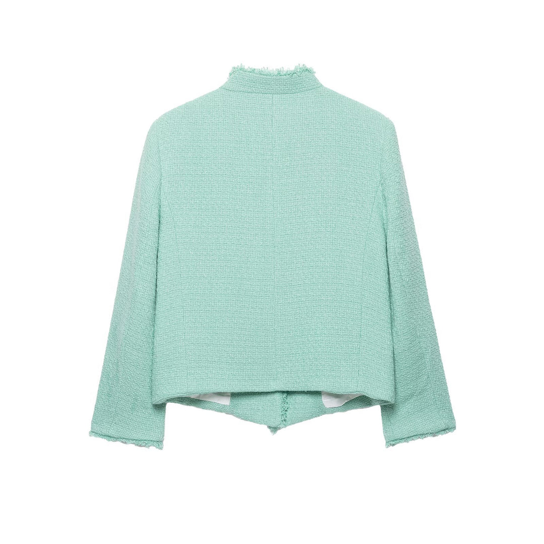 Damen Kurz geschnittene Bouclé-Tweedjacke mit Fransenbesatz und asymmetrischer Knopfleiste Nord Taschen