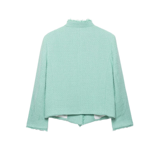 Damen Kurz geschnittene Bouclé-Tweedjacke mit Fransenbesatz und asymmetrischer Knopfleiste Nord Taschen