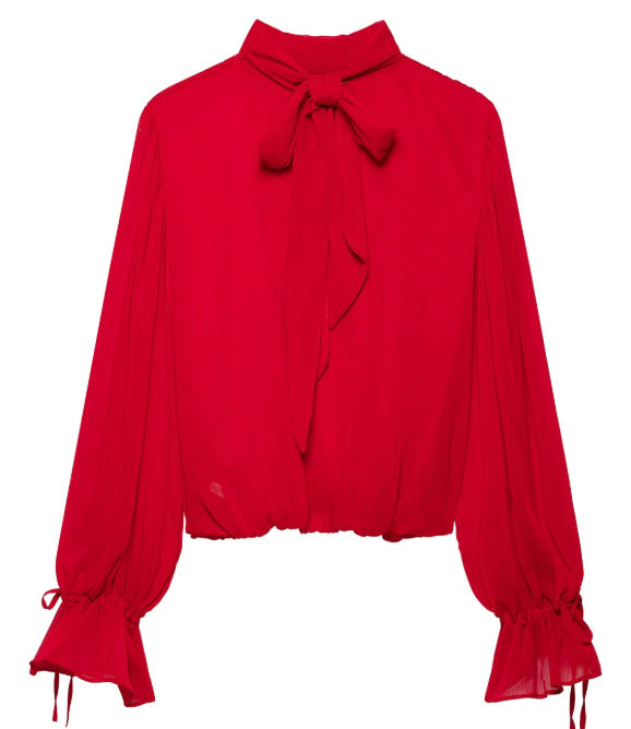 Damen Elegante Chiffon‑Schluppenbluse mit Ballonärmeln und gerafftem Saum Nord Taschen